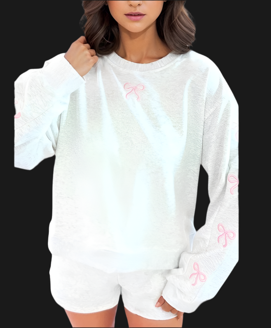 LA SOCIETY Gray Bow Embroidery Long Sleeve Pullover and Shorts Set LA Society
