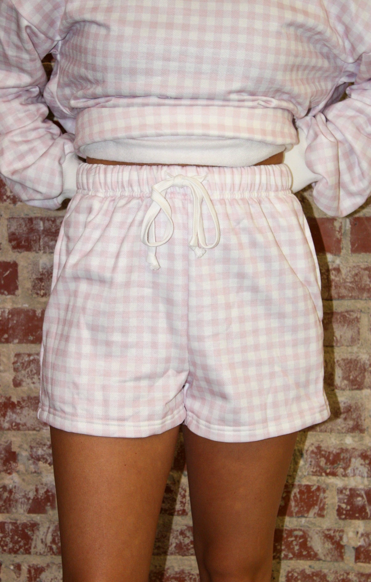 Pink 2 Piece Set Gingham Crewneck & Shorts Loungewear 1 the Woman