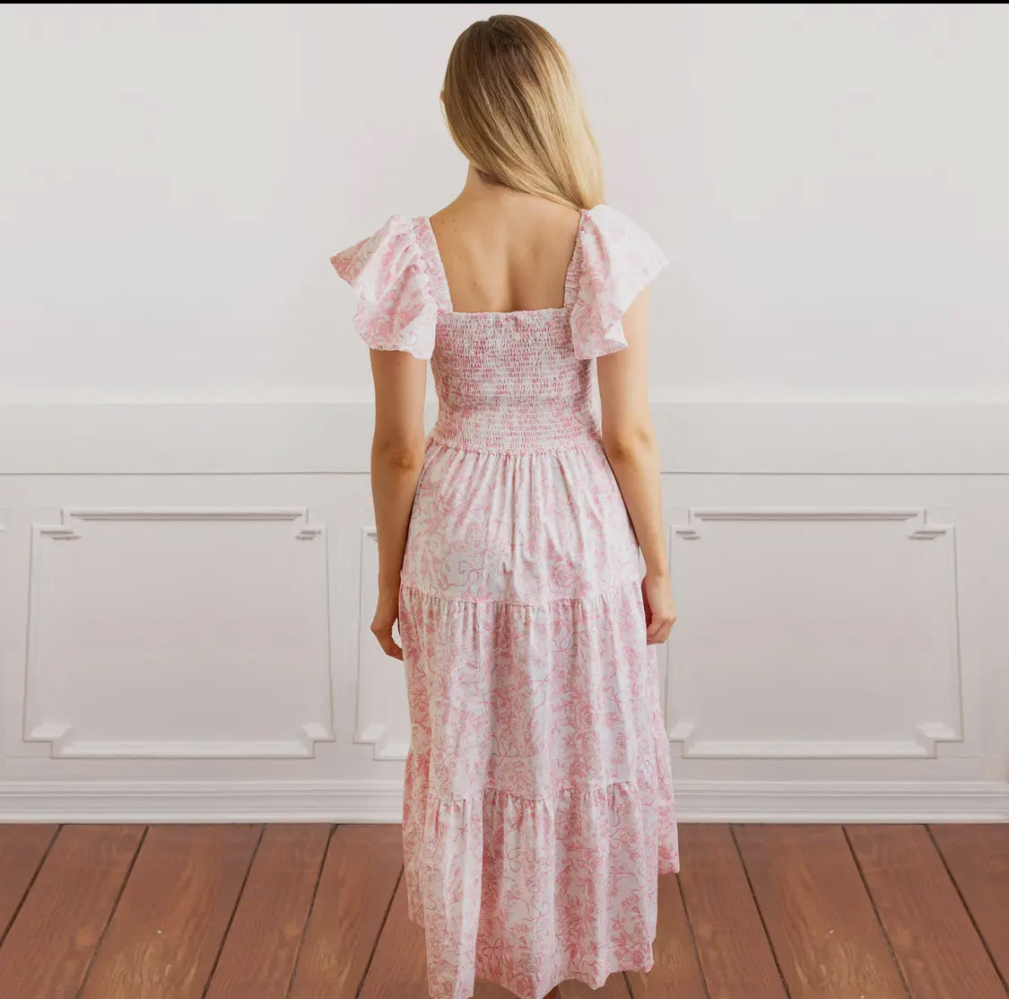 8 Oak Lane Pink Bow Toile Smocked Flutter Sleeve Dress 8 Oak Lane