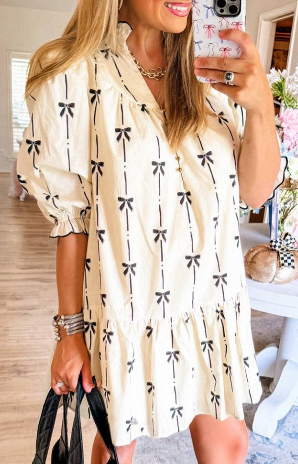 Beige Cute Bowknot Printed Bubble Sleeve V Neck Mink Dress Lovesoft