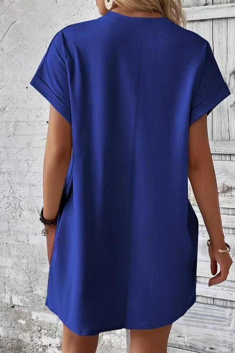 NINEXIS - CWDSD3628_SOLID COLOR ROUND NECK LOOSE POCKET SHORT DRESS: Blue / (M) 1 NINEXIS