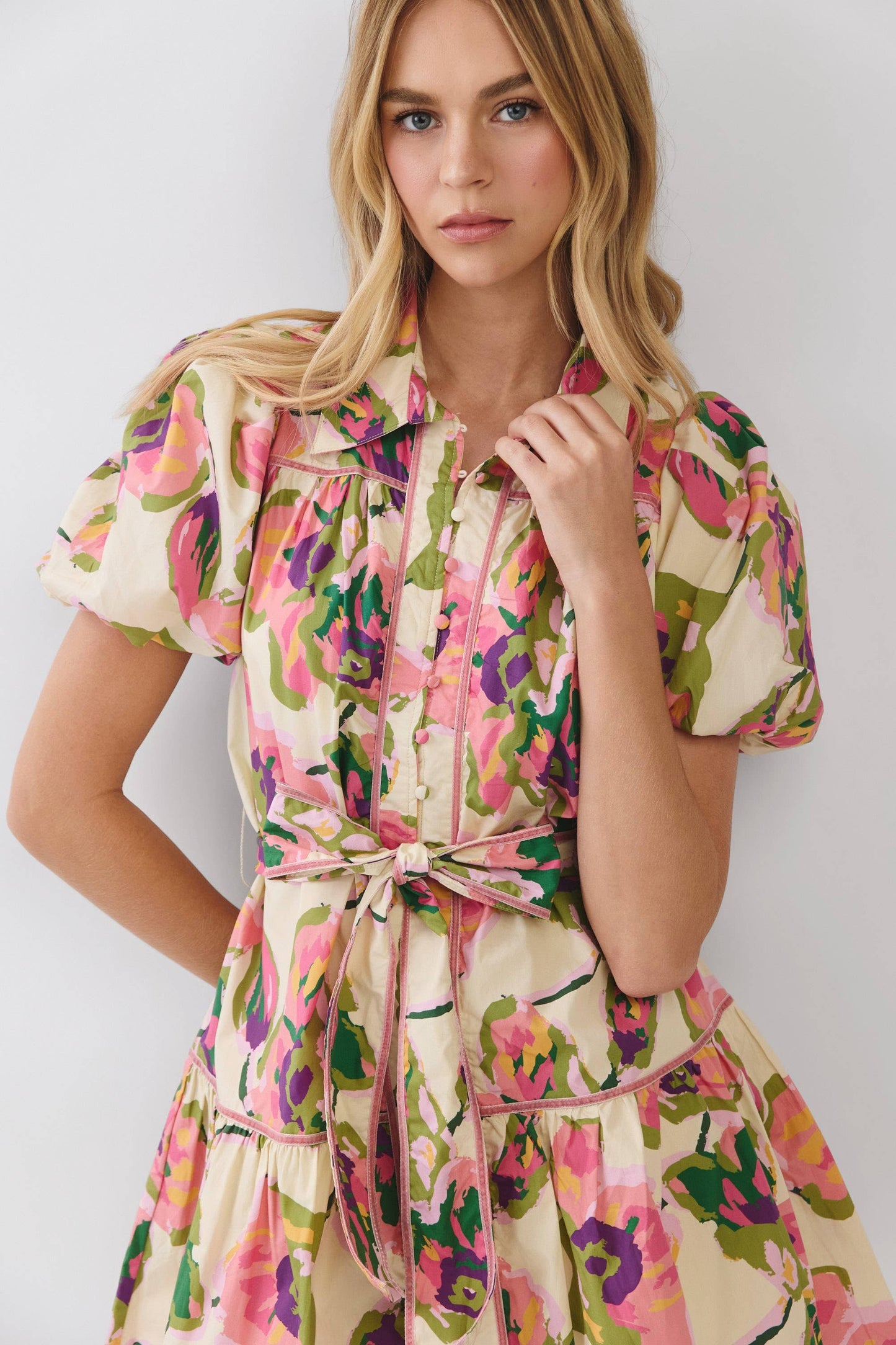 TCEC - CD07233-Floral Print Puff Sleeve Belted Dress: MULTI / L TCEC