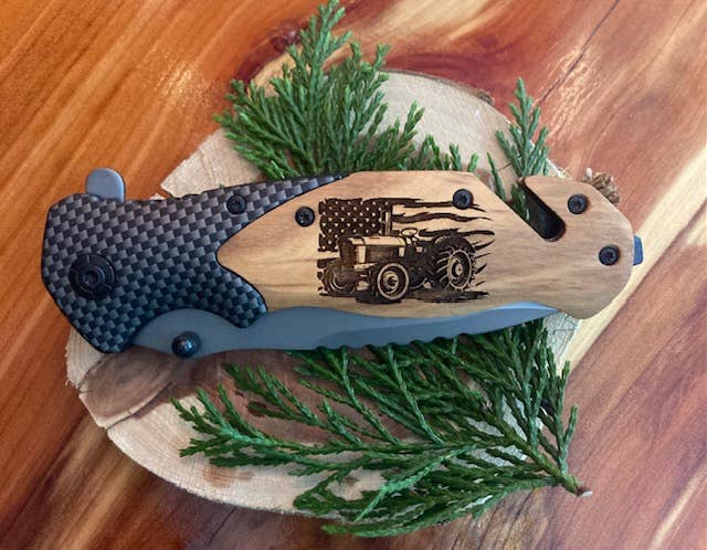 Quail Tail Laser Art - Farm Tractor on FLAG Knife Quail Tail Laser Art