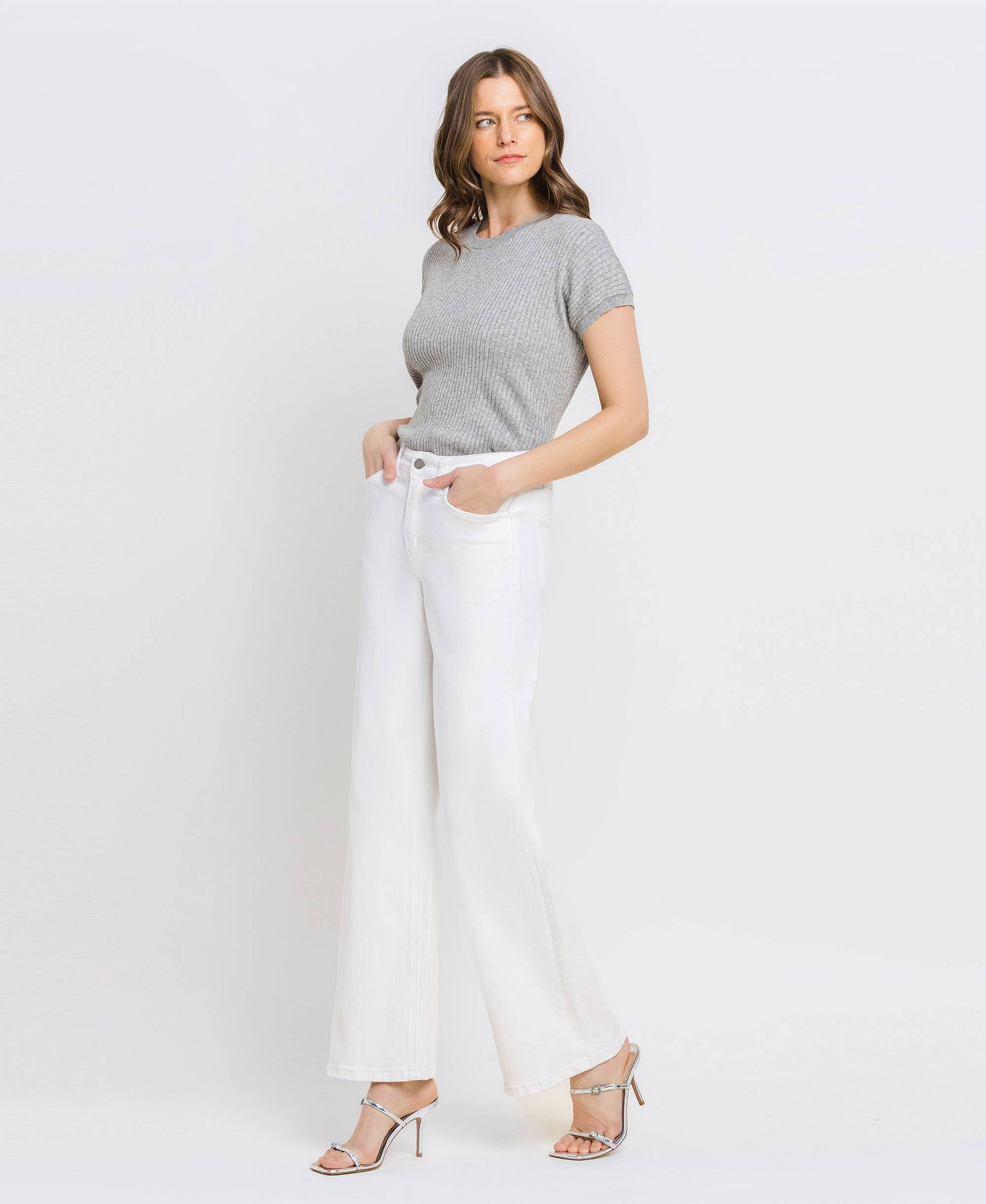 VERVET by FLYING MONKEY - HIGH RISE WIDE LEG JEANS T6393WH: OPTIC WHITE / 29 VERVET by FLYING MONKEY
