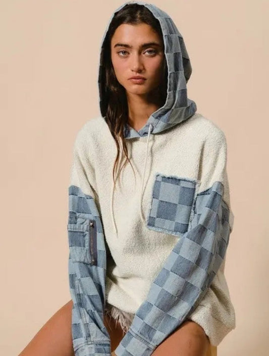 LOOP TERRY WASHED CHECKER DENIM HOODED PULLOVER BIBI
