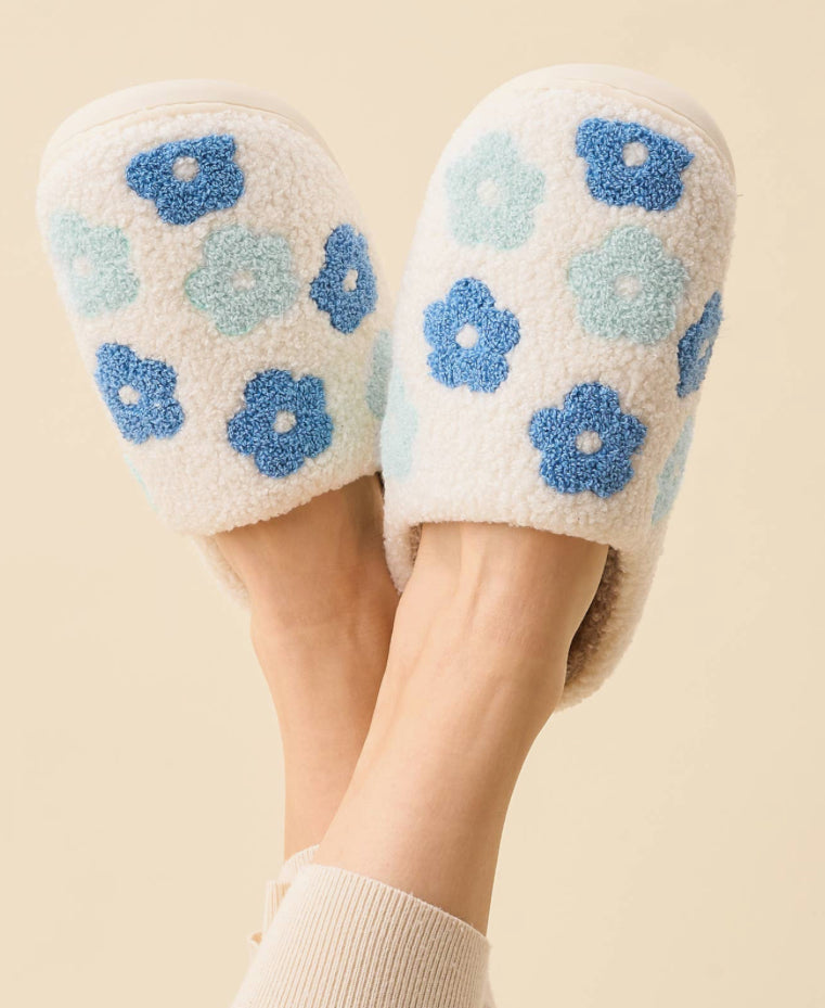 Blue Flower Soft Fuzzy Hard Sole Lightweight Slippers The Darling Effect