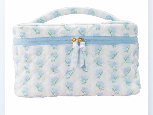 Blue Belle Floral Quilted Cosmetic Bag with Top Handle Rock Paper Scissors
