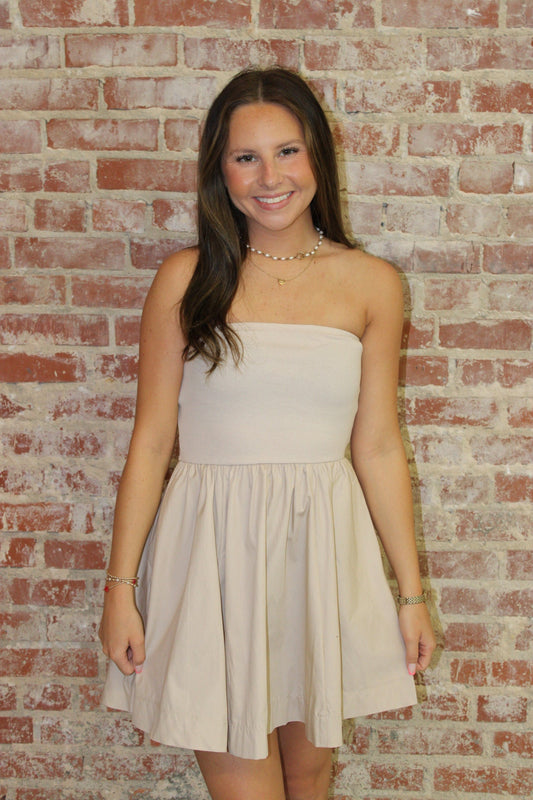 Zenana Sand Beige Combined Knit & Woven Tube Top Flare Mini Dress With Pocket zenana