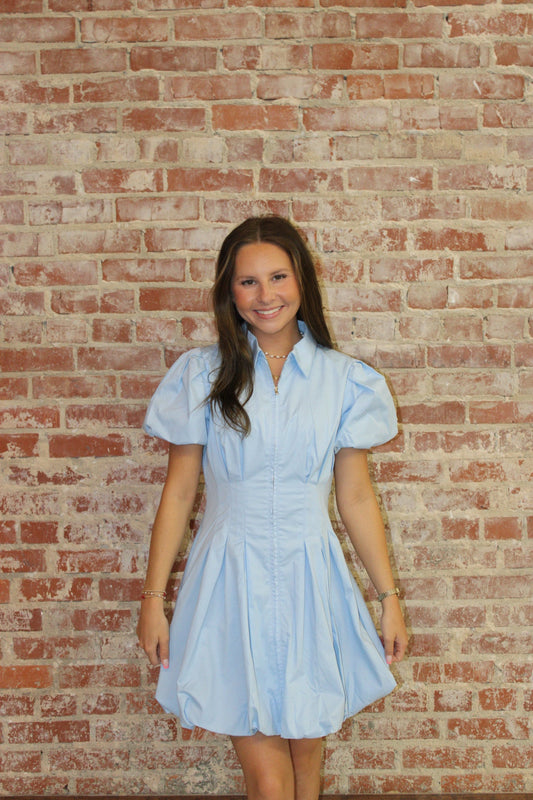 TCEC Baby Blue Fit and Flare Zipper Front Bubble Sleeves Dress TCEC