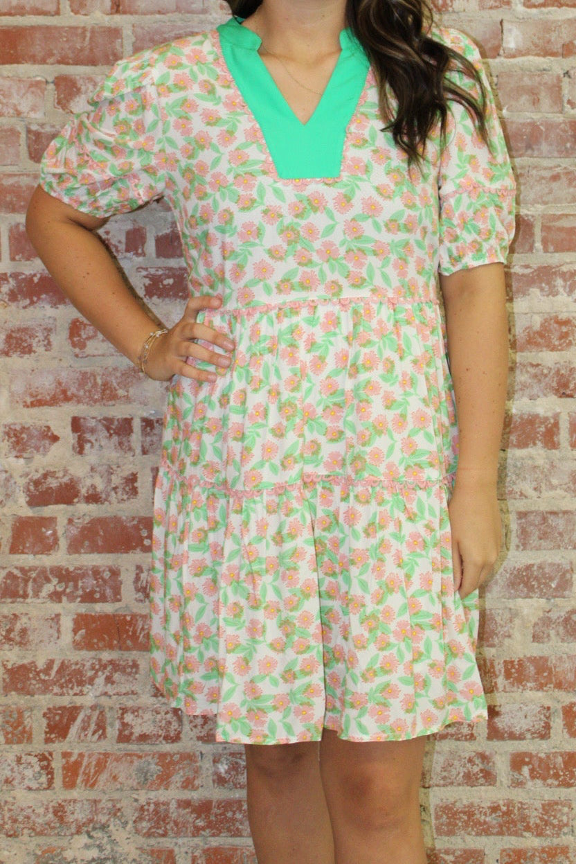 LA Society Green Missy Ricrac Trim Floral Puff Sleeve Dress LA Society