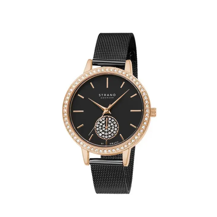 Isla Night Rose Gold Black Swarovski Crystal Mesh Watch