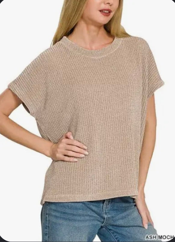 Zenana Ash Mocha Chenille Waffle Short Sleeve Sweater Vanilla Monkey