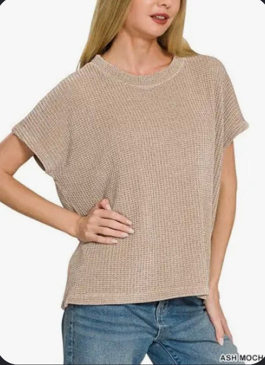 Zenana Ash Mocha Chenille Waffle Short Sleeve Sweater Vanilla Monkey