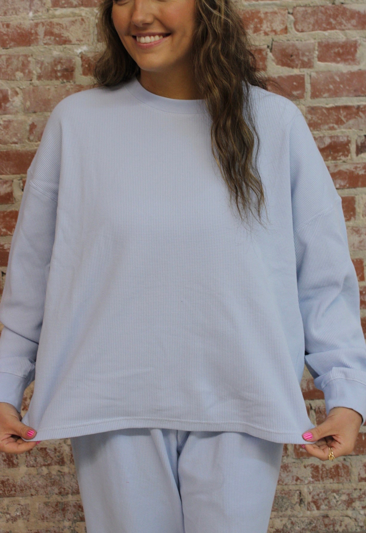 Lulu Mac Light Blue Waffle Knit Long Sleeve Shirt Girlie Girl Originals