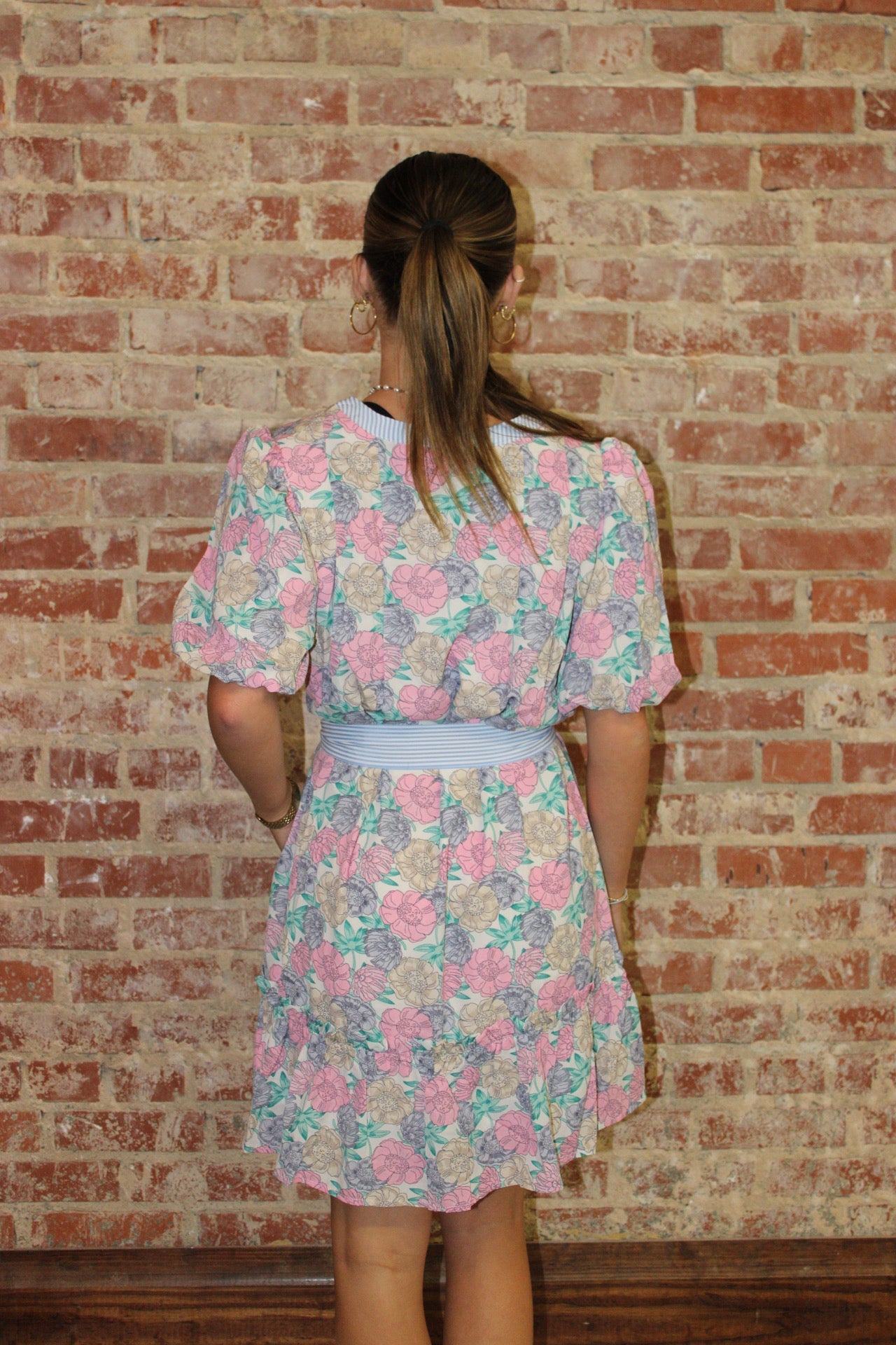 White Floral Print Striped Contrast Trim Belted Mini Dress Little Daisy Closet