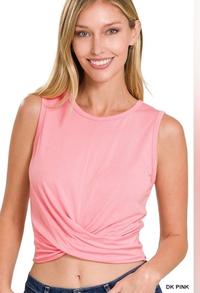 Luxe Rayon Twist Front Sleeveless Crop Top zenana