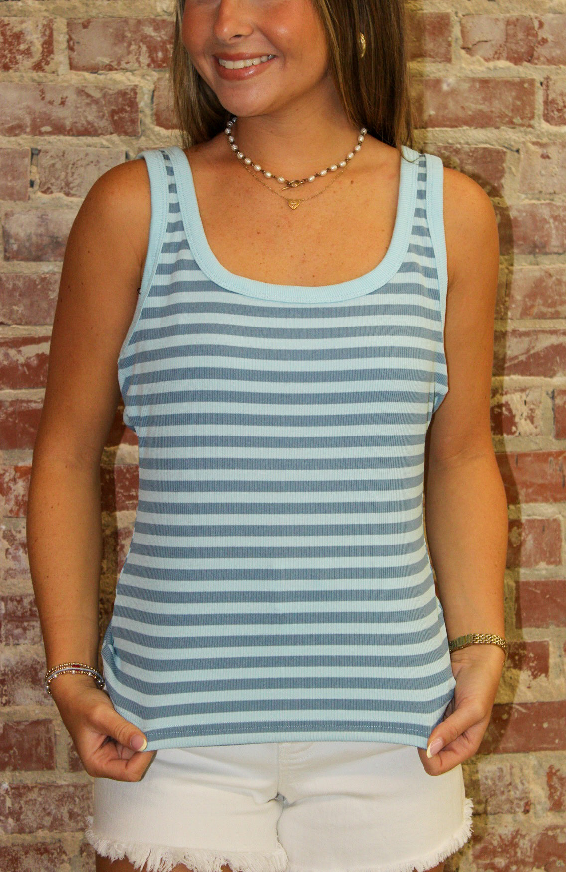 1 the Woman Sky Blue Stripe Essential Ribbed Knit Sleeveness Slim U Back Tank Top 1 the Woman