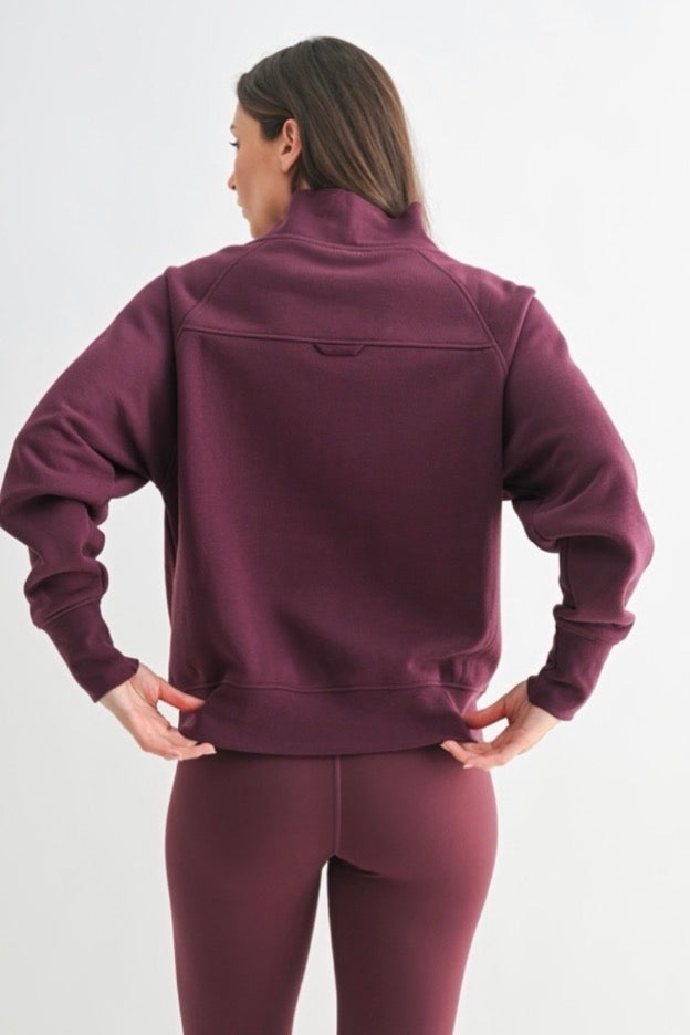 Mono B Dark Plum Fleece Mock Neck Sweater &  Crossover Waist Yoga Pants Set Mono B