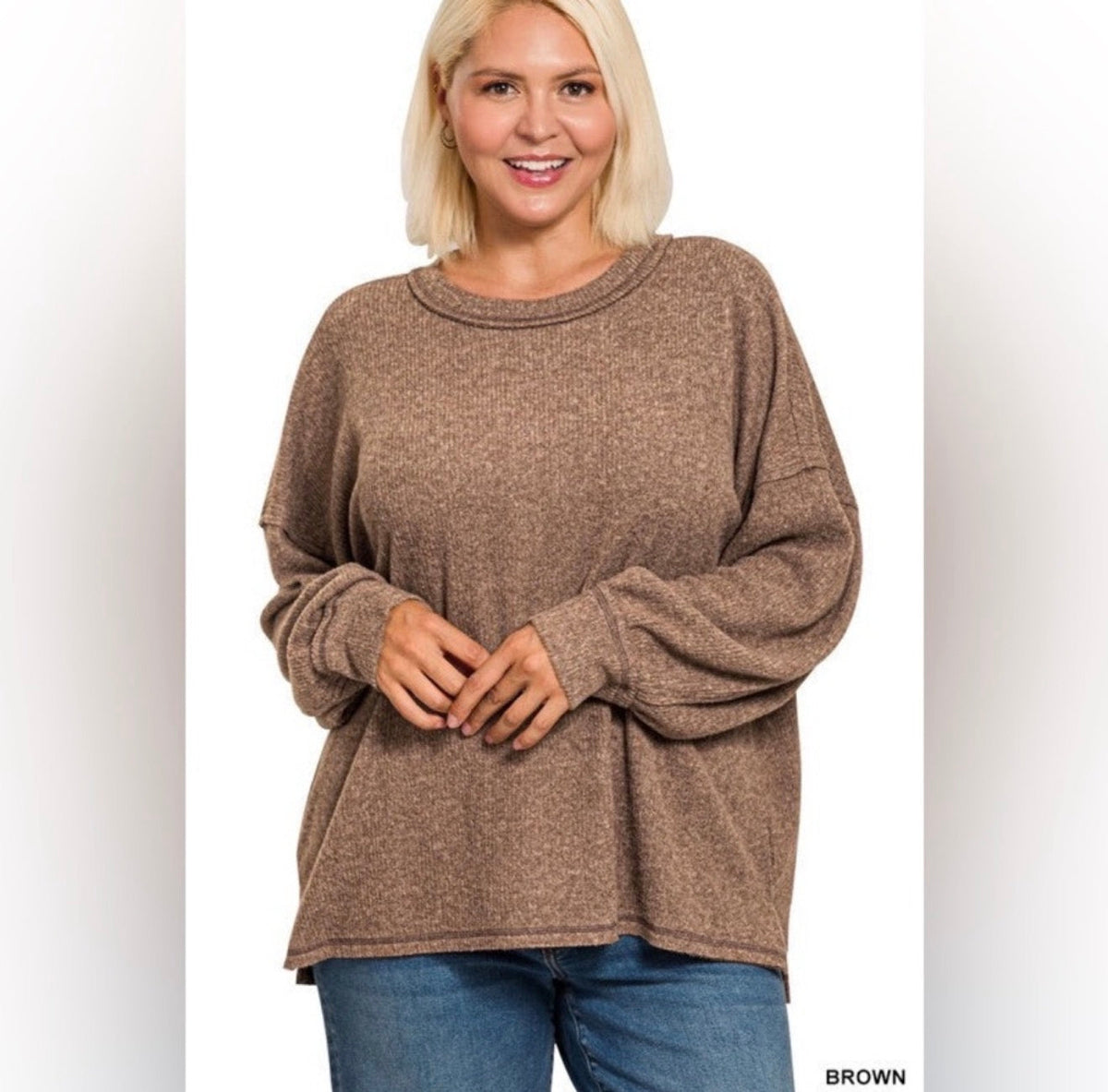 ZENANA Plus Brushed Ribbed Hacci Drop Shoulder Sweater zenana