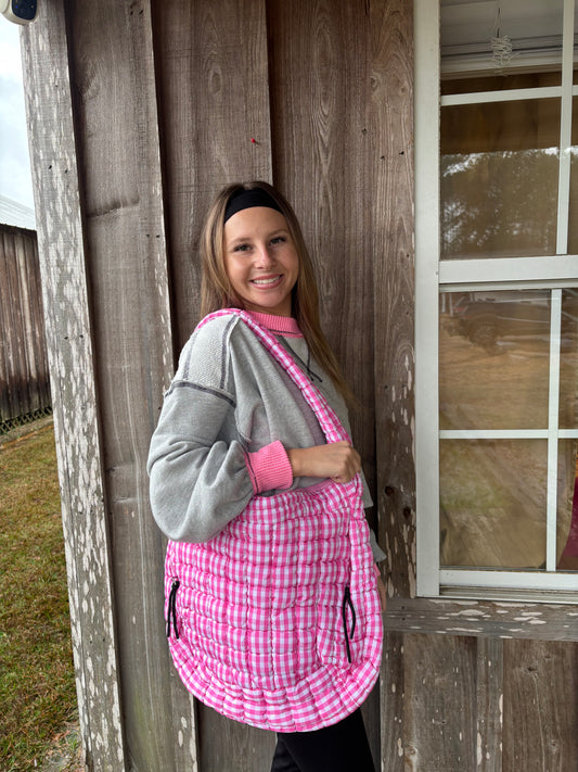 Lulu Mac Pink And White Gingham Puffer Quilted Handbag