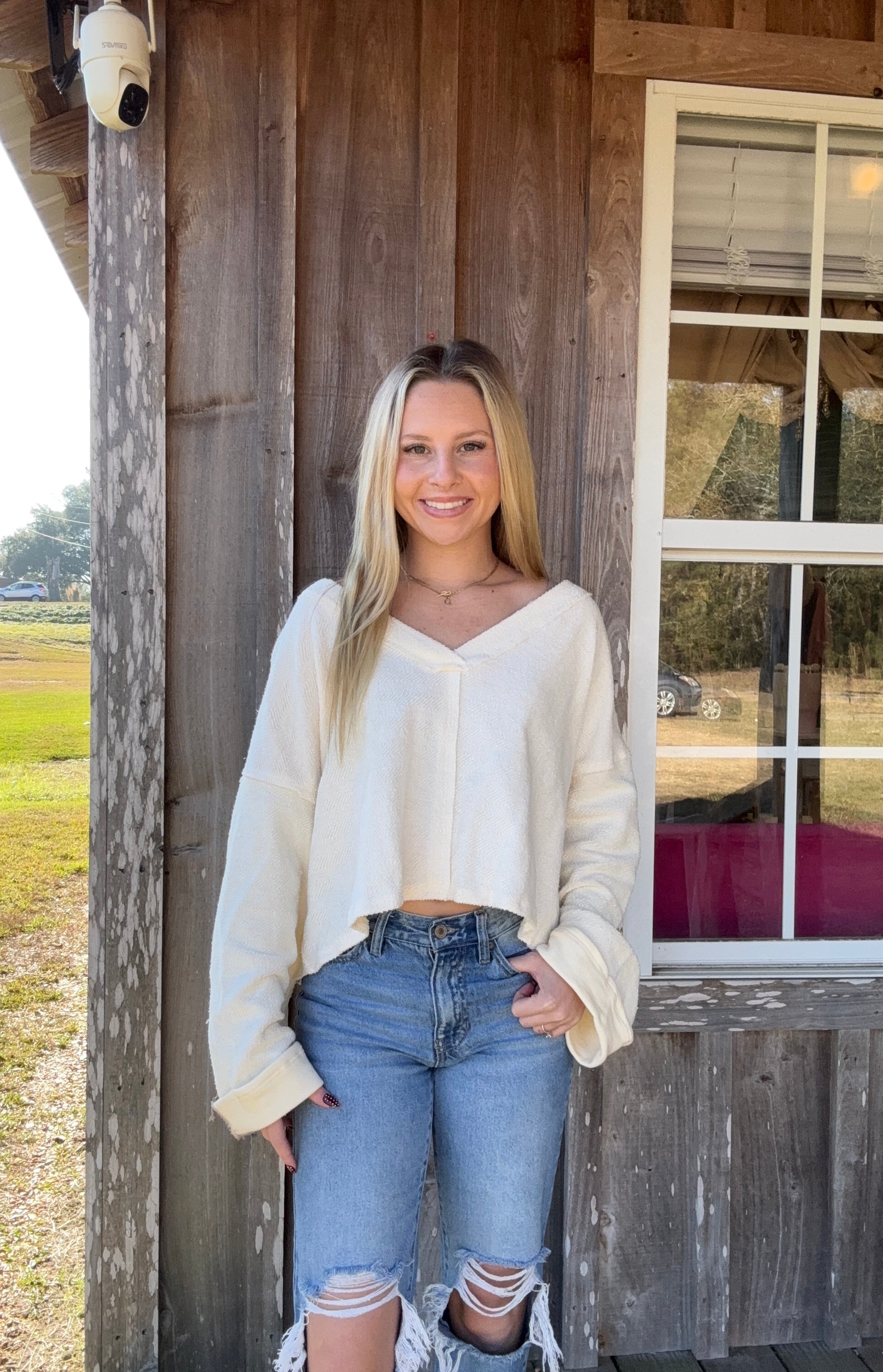BUCKETLIST Cream Cutout Back Adjustable Tie Pullover Crop Top BUCKETLIST