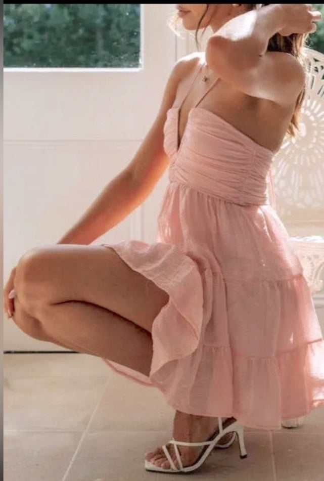 Solid Halter Plunge Ruched Swing Mini Dress Rosa Clothing