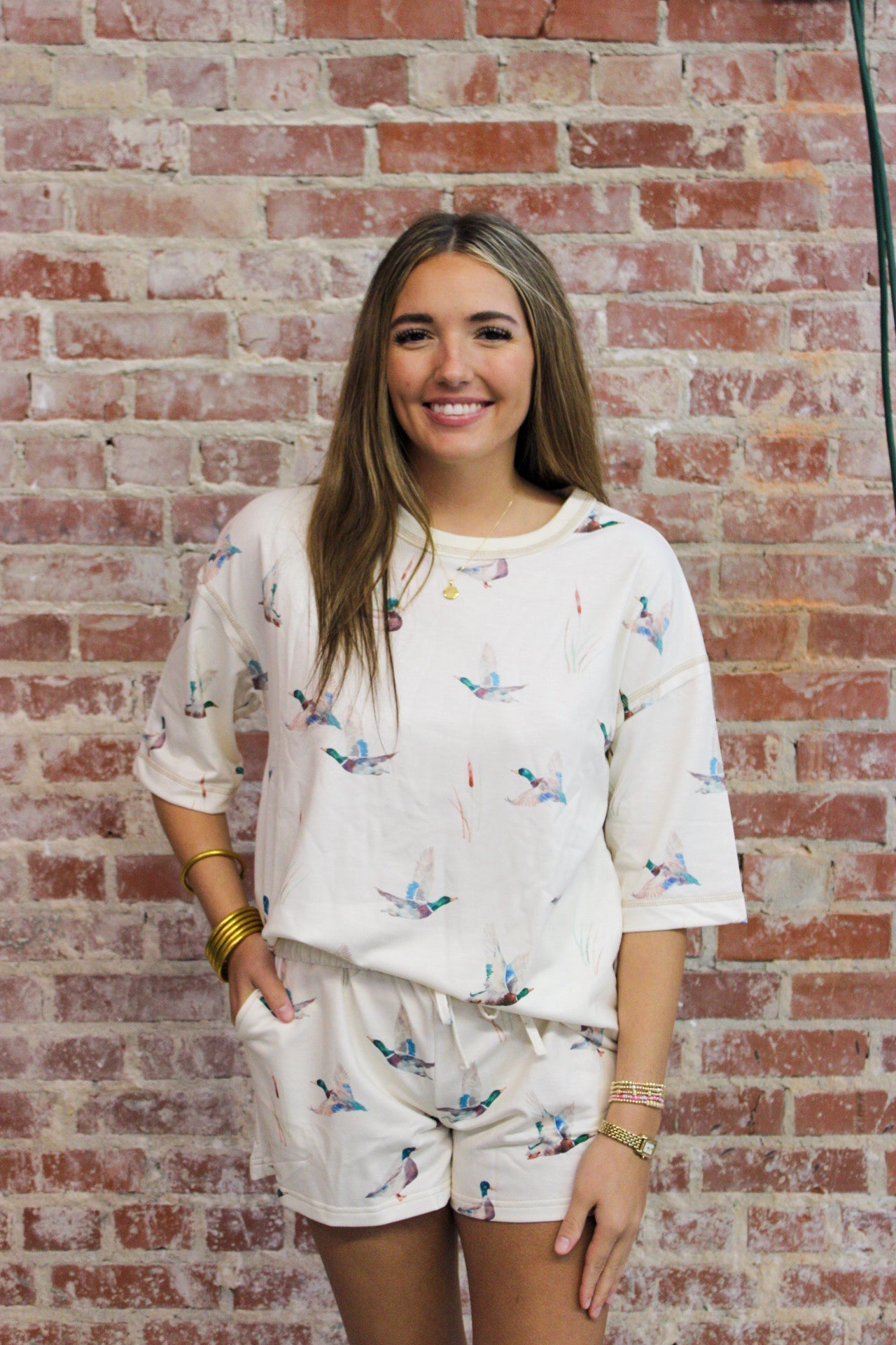 LDC Beige Shift High Waist Mallard Duck Print Short Sleeve Set Little Daisy Closet
