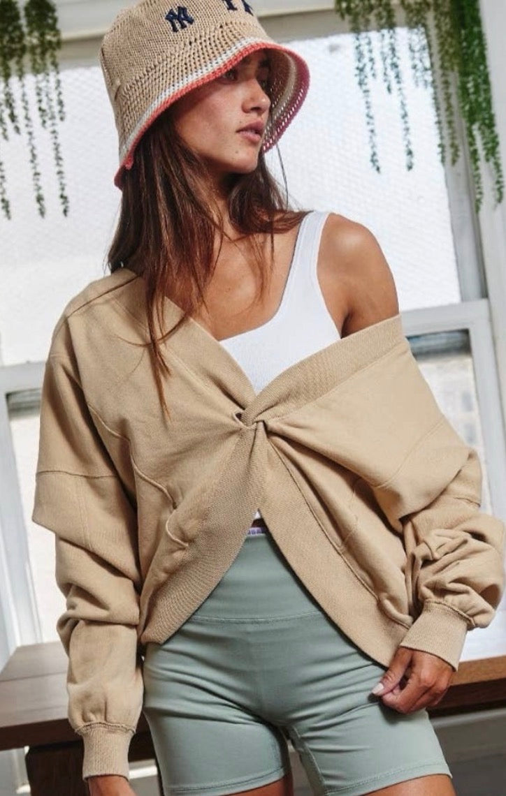BUCKETLIST Taupe Reversible Twist-Front Washed Terry Sweatshirt Top BUCKETLIST