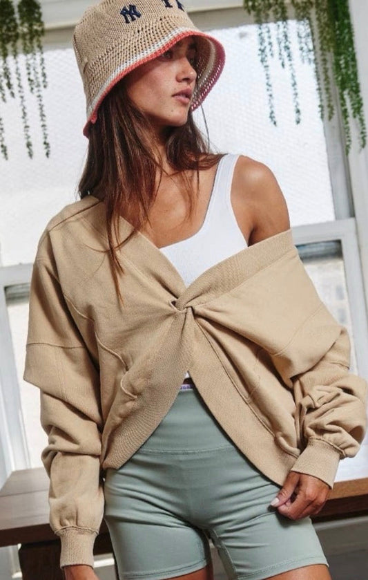BUCKETLIST Taupe Reversible Twist-Front Washed Terry Sweatshirt Top BUCKETLIST
