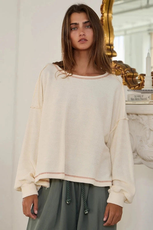 BUCKETLIST - T2397 Overlap Open Back Oversize Fit Reverse Stitched Top: CREAM / S-M-L (2-2-2) BUCKETLIST