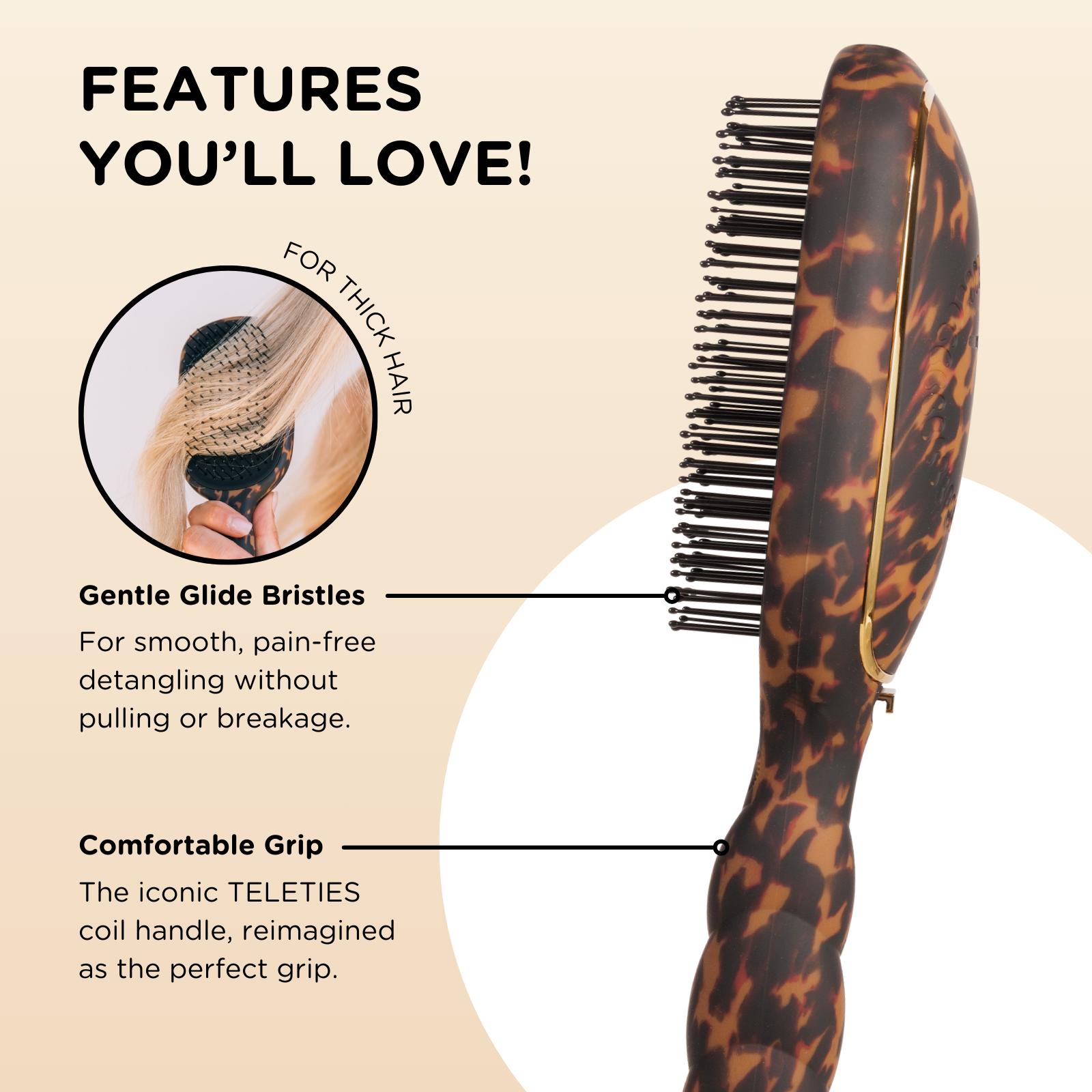 TELETIES - Detangler Hair Brush for Thick Hair - Tortoise TELETIES