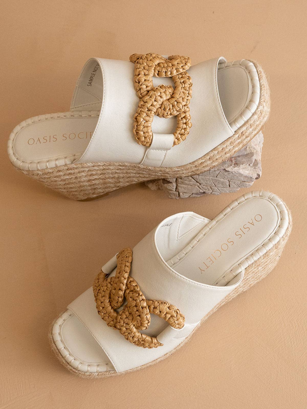 OASIS SOCIETY - The Aime | White Wedge Slide with Raffia Detail: WHITE / 9 OASIS SOCIETY