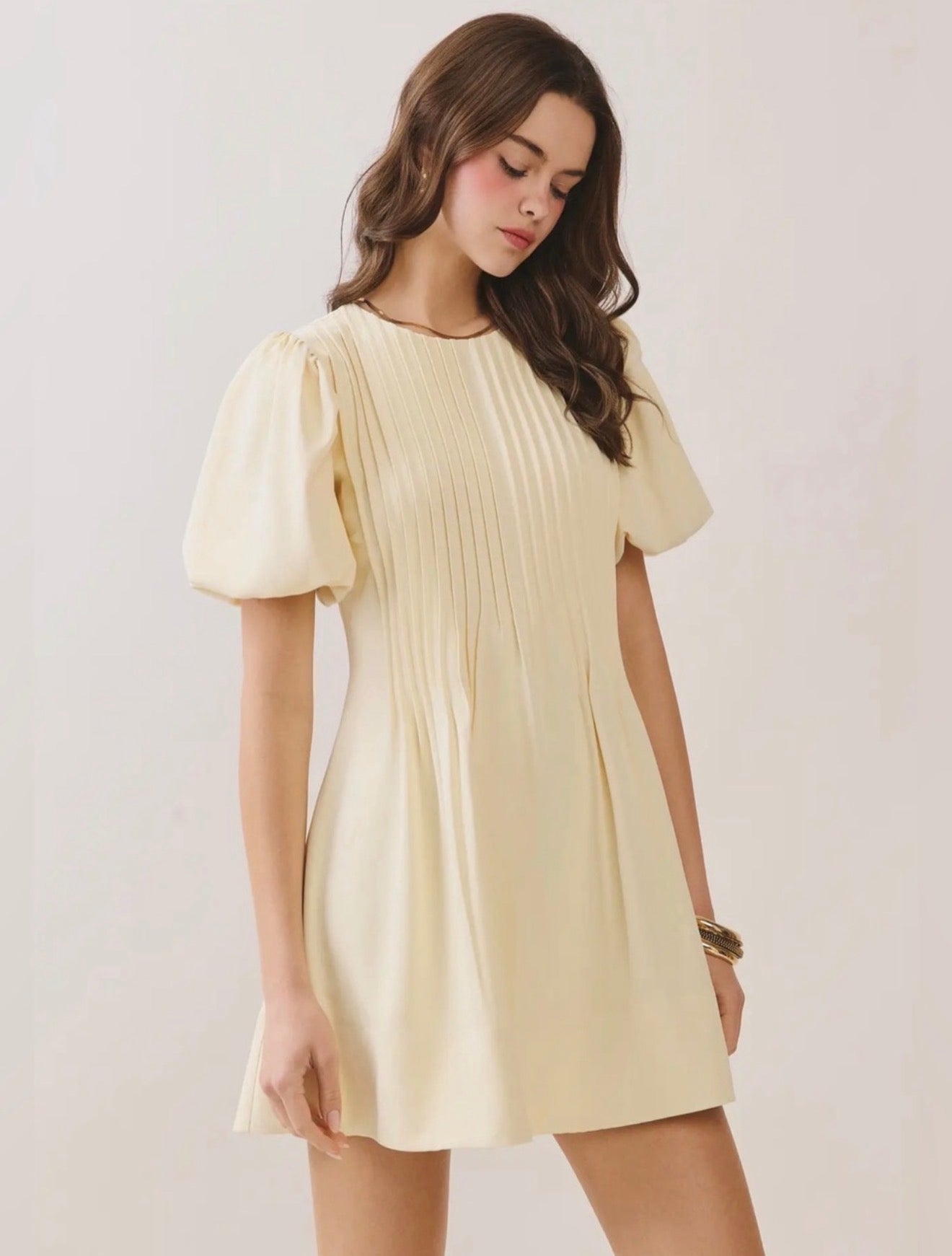TCEC Yellow Pleated Detail Hidden Back Zipper A Line Dress TCEC