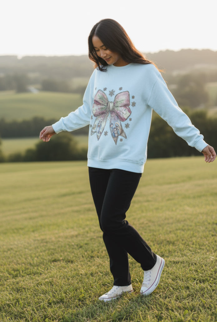 Christmas Bow Birth of Jesus Light Blue Sweatshirt SOUTHERN SUNDROP BOUTIQUE