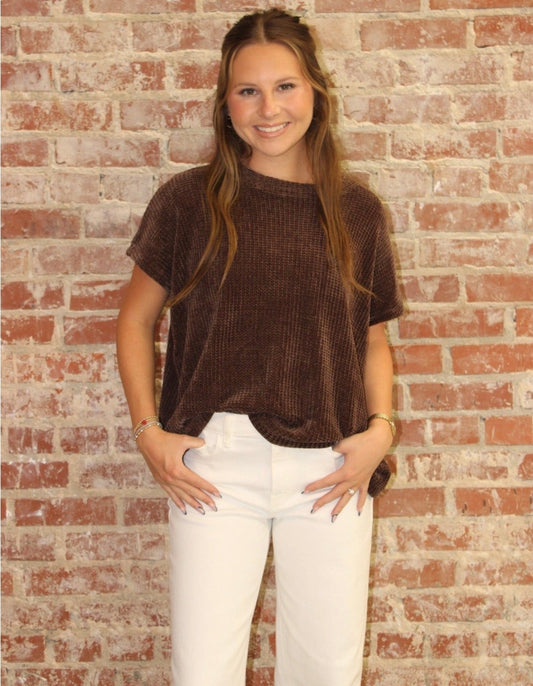 Vanilla Monkey - Chenille Waffle Cap Sleeve Sweater: ASH MOCHA / 2-2-2(S-M-L) Vanilla Monkey