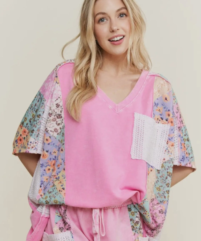 J.Her Bubblegum Mineral Washed  Flower print Crochet pocket Vneck top J.Her