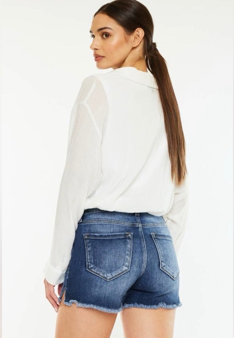 Kan Can DARK HIGH RISE FRAYED HEM DENIM SHORTS Kan Can USA