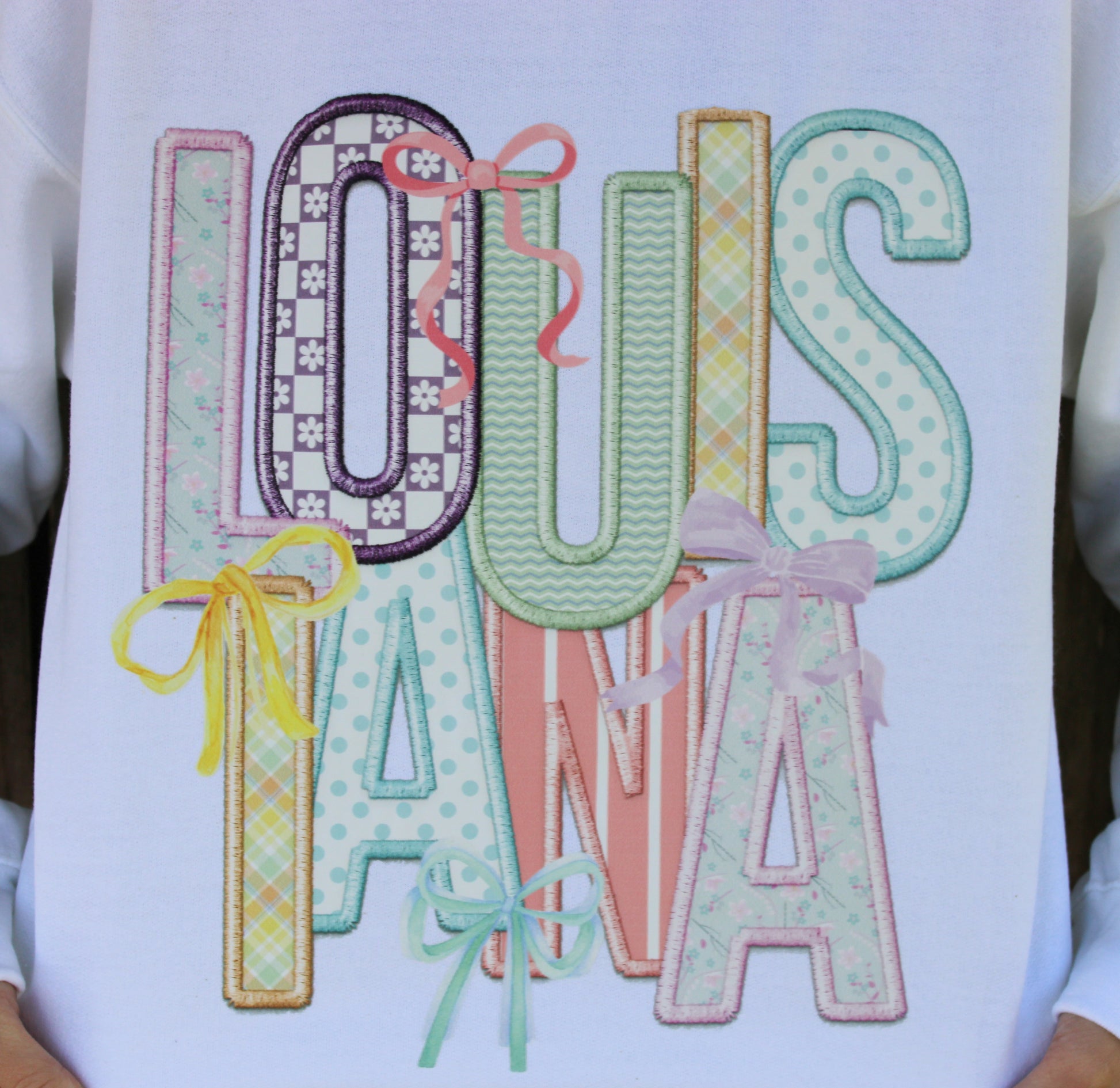 - Louisiana Coquette Faux Embroidery , White Sweatshirt Trendy Transfers