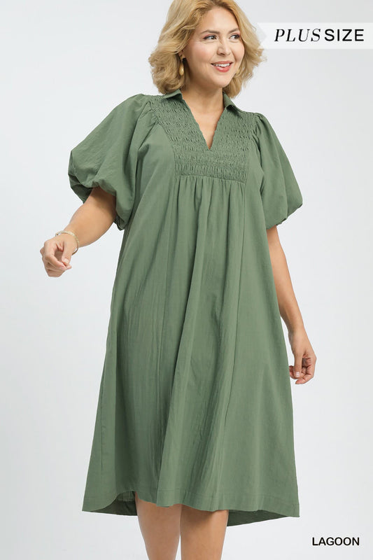 Vanilla Monkey - Plus Smocked Front Yoke Midi Dress: LAGOON / 1-1-1(XL-1XL-2XL) Vanilla Monkey