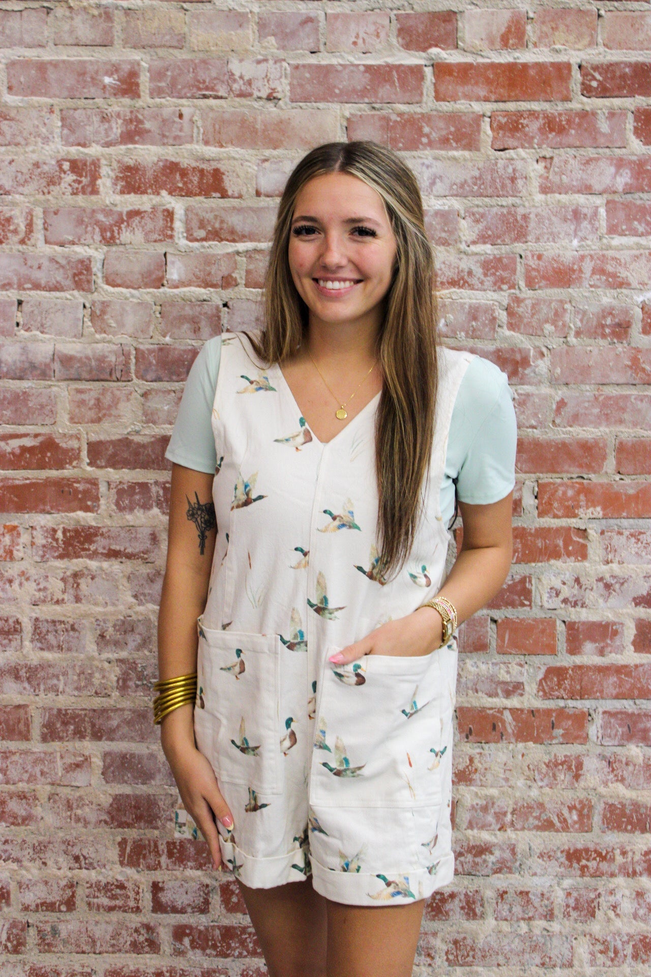 Ivory Mallard Duck Print Cotton Twill Loose Fit Romper Vanilla Monkey