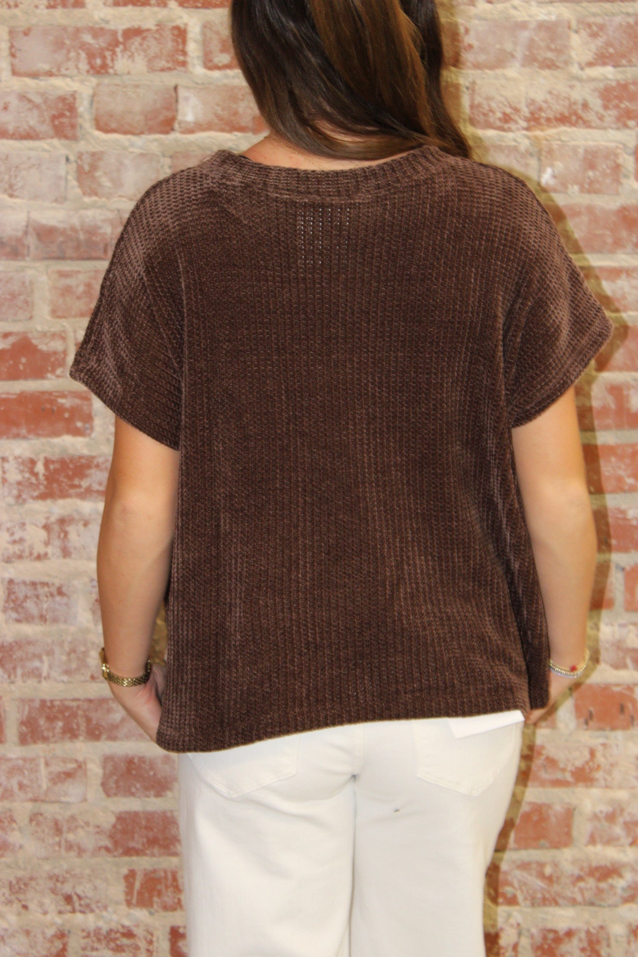 Zenana Chocolate Chenille Waffle Cap Sleeve Sweater Vanilla Monkey