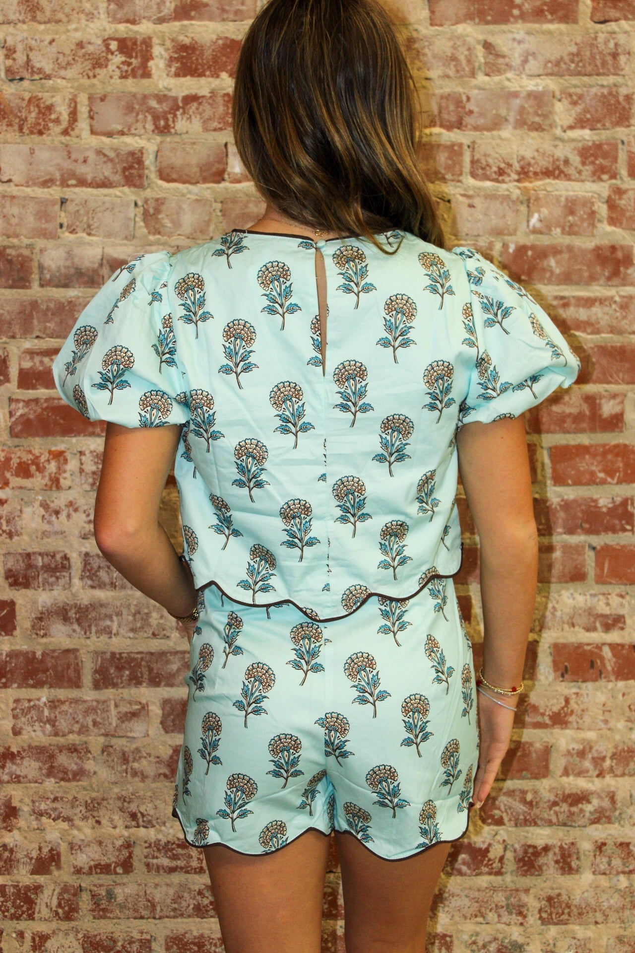 Blue Scalloped Detail Floral Print Crop Top and Shorts Set TCEC