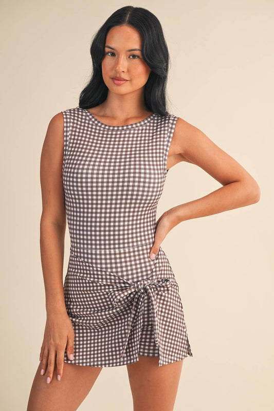KIMBERLY C - Gingham Print Sleeveless Wrap Tie Front Dress : Brown Gingham / L KIMBERLY C