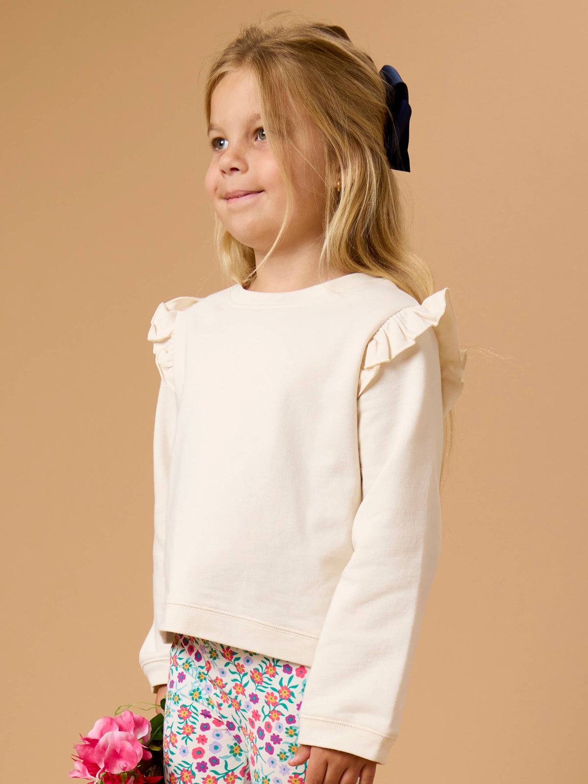 RuffleButts + RuggedButts - Girls Ivory Knit Flutter Sweatshirt: Off-White / 8 RuffleButts + RuggedButts