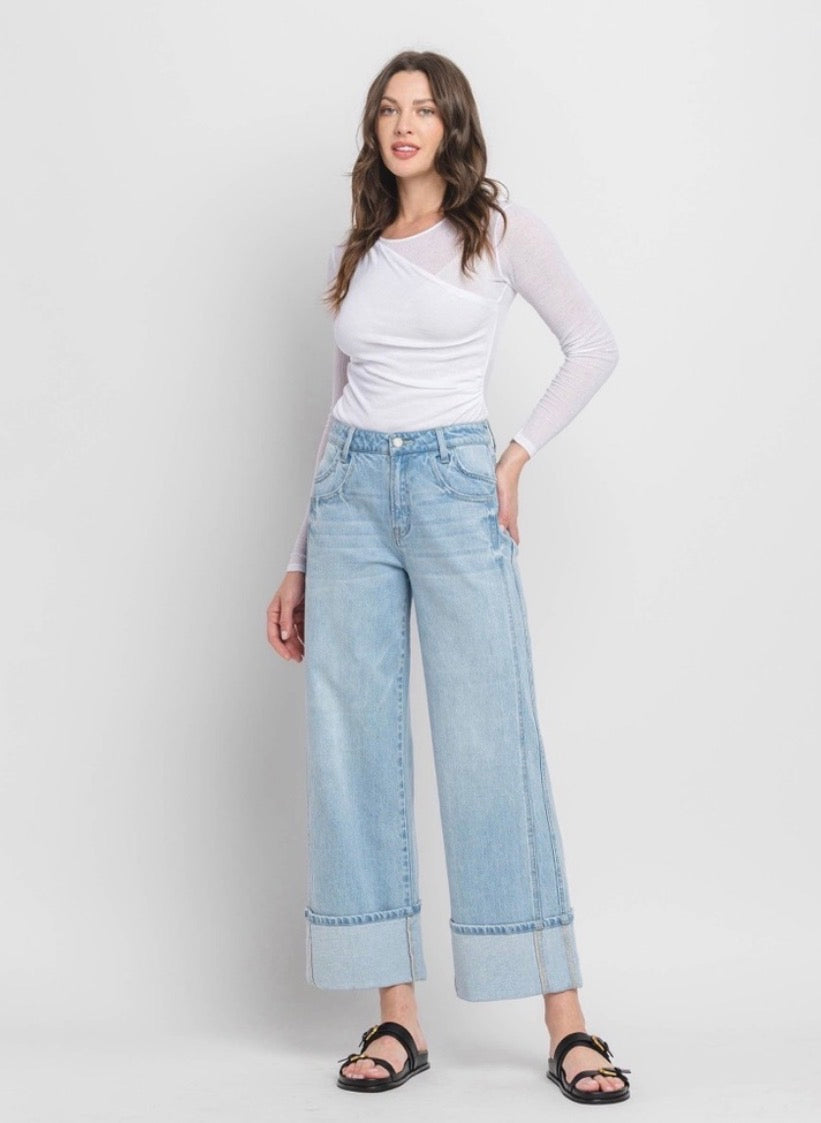 SUPER HIGH RISE CUFFED BAGGY WIDE JEANS STREAMLINED VERVET by FLYING MONKEY