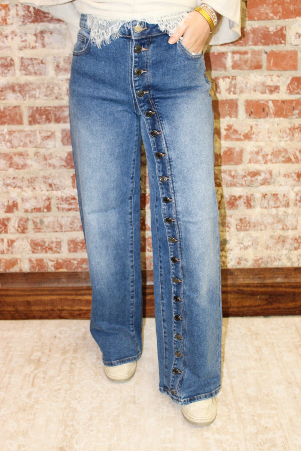 Cello Jeans High Rise Medium Buttoned Wide Leg Jeans Cello Jeans