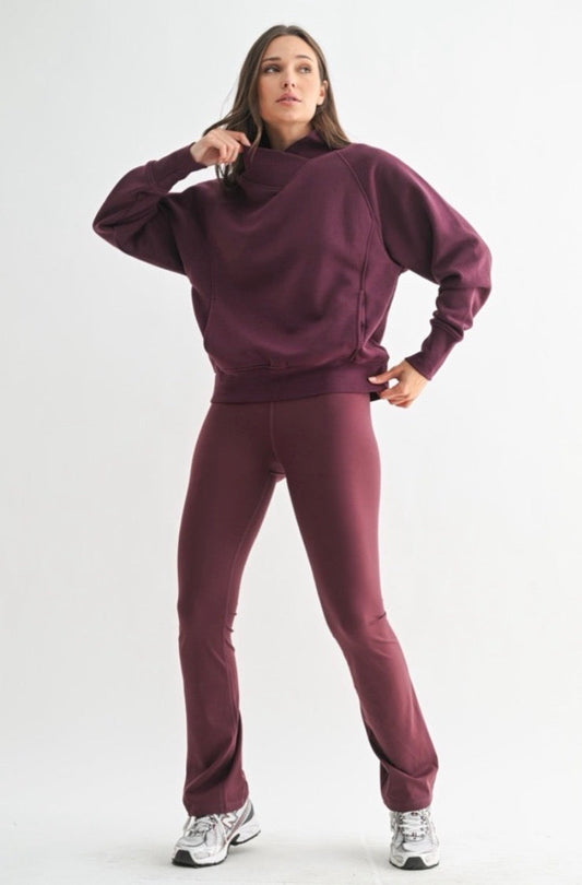 Mono B Dark Plum Fleece Mock Neck Sweater &  Crossover Waist Yoga Pants Set Mono B