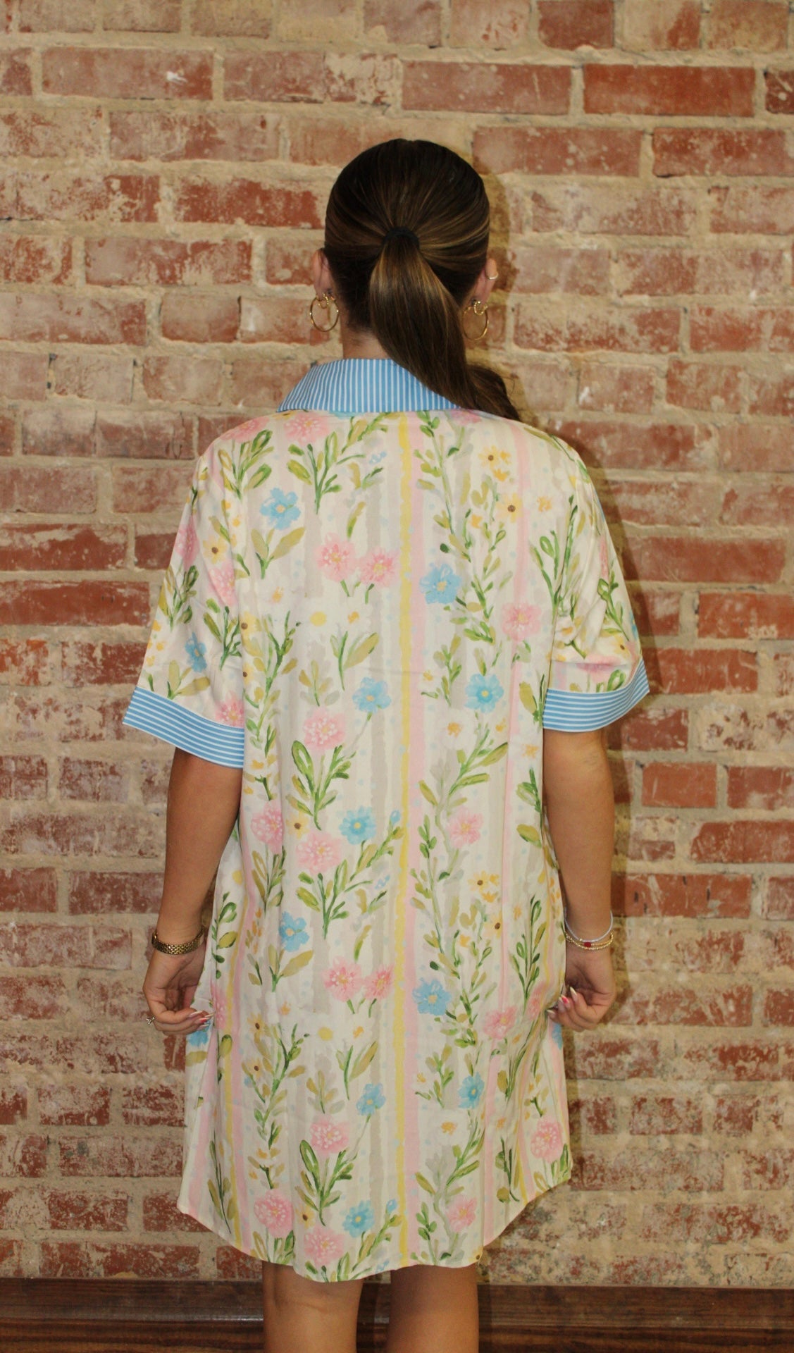 Multicolour Floral Stripe Trim Button Down Dress PRETTY BASH