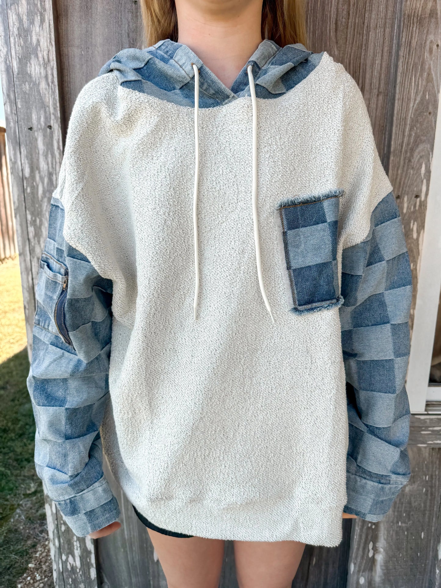 LOOP TERRY WASHED CHECKER DENIM HOODED PULLOVER BIBI