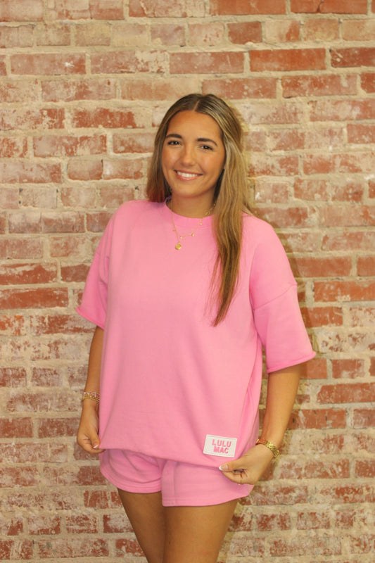 LULU MAC SHORT SLEEVE TERRY CLOTH TOP-BUBBLEGUM LULU MAC